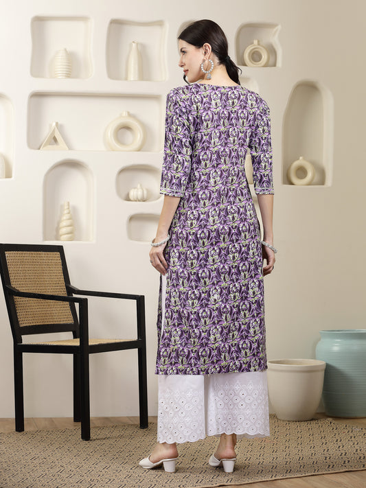 Stylum Women's Purple Printed & Embroidered Rayon Straight Chicken Kurta (PURPLETONY)