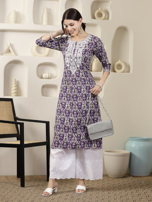 Stylum Women's Purple Printed & Embroidered Rayon Straight Chicken Kurta (PURPLETONY)