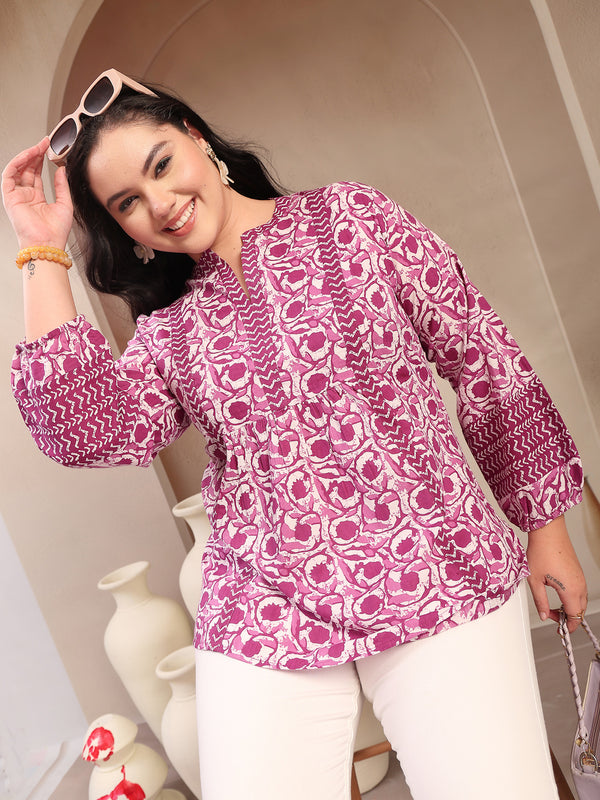 Stylum Women's Plus Size Purple Floral Printed Cotton Top (PURPLETOPVENUSPLUS)