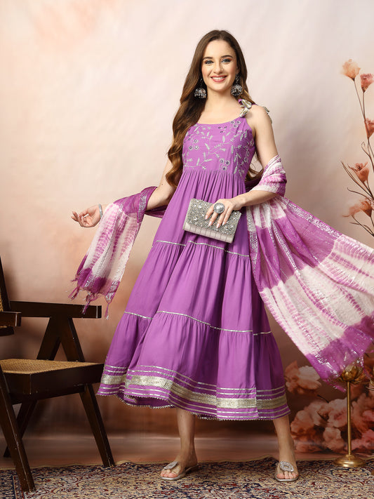 Stylum Women's Embroidered Cotton Tiered Kurta with Dupatta (PURPLEZINGLE)