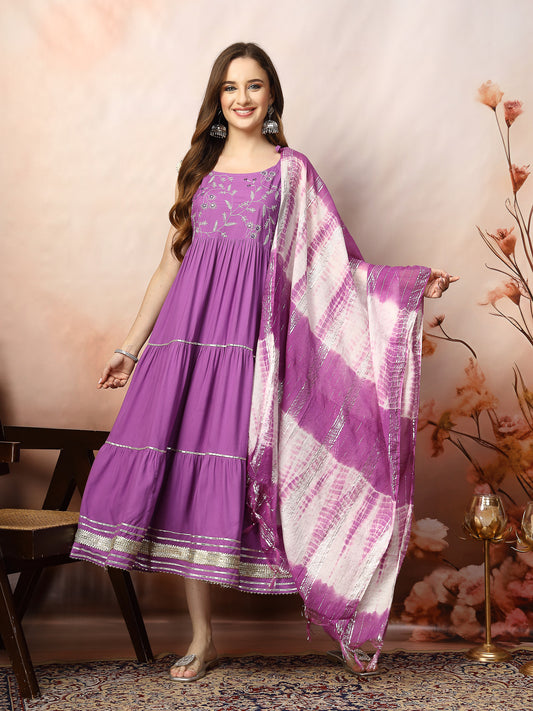 Stylum Women's Embroidered Cotton Tiered Kurta with Dupatta (PURPLEZINGLE)