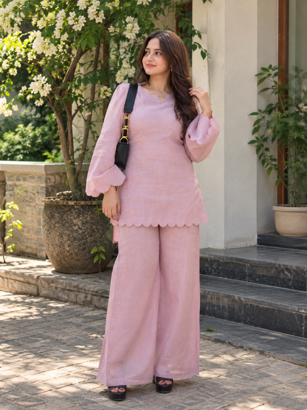 Pastel Pink Scalloped Kurta Co-ord Set