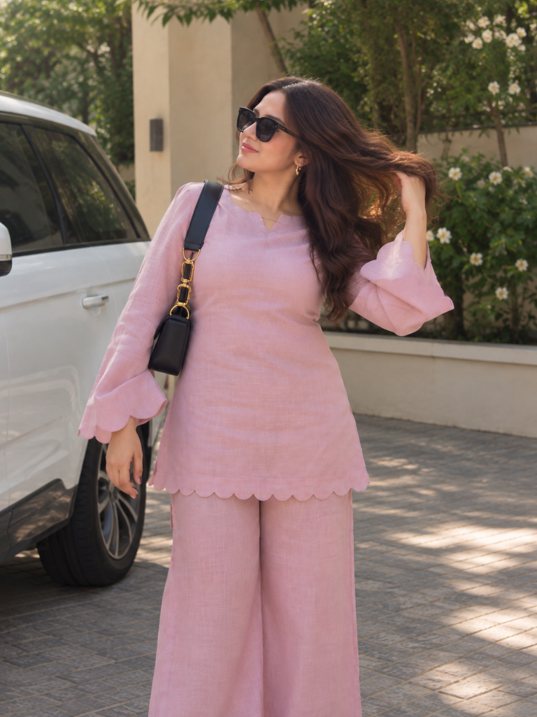 Pastel Pink Scalloped Kurta Co-ord Set