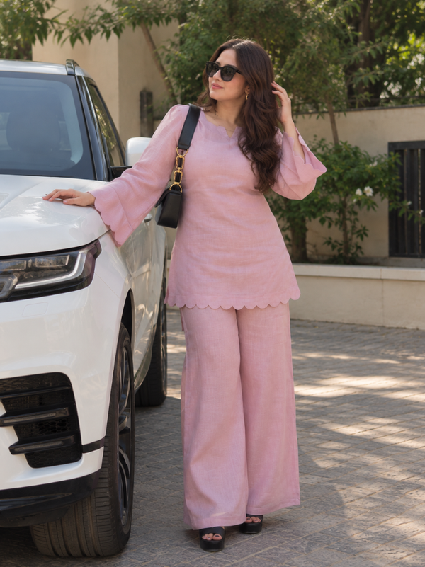 Pastel Pink Scalloped Kurta Co-ord Set