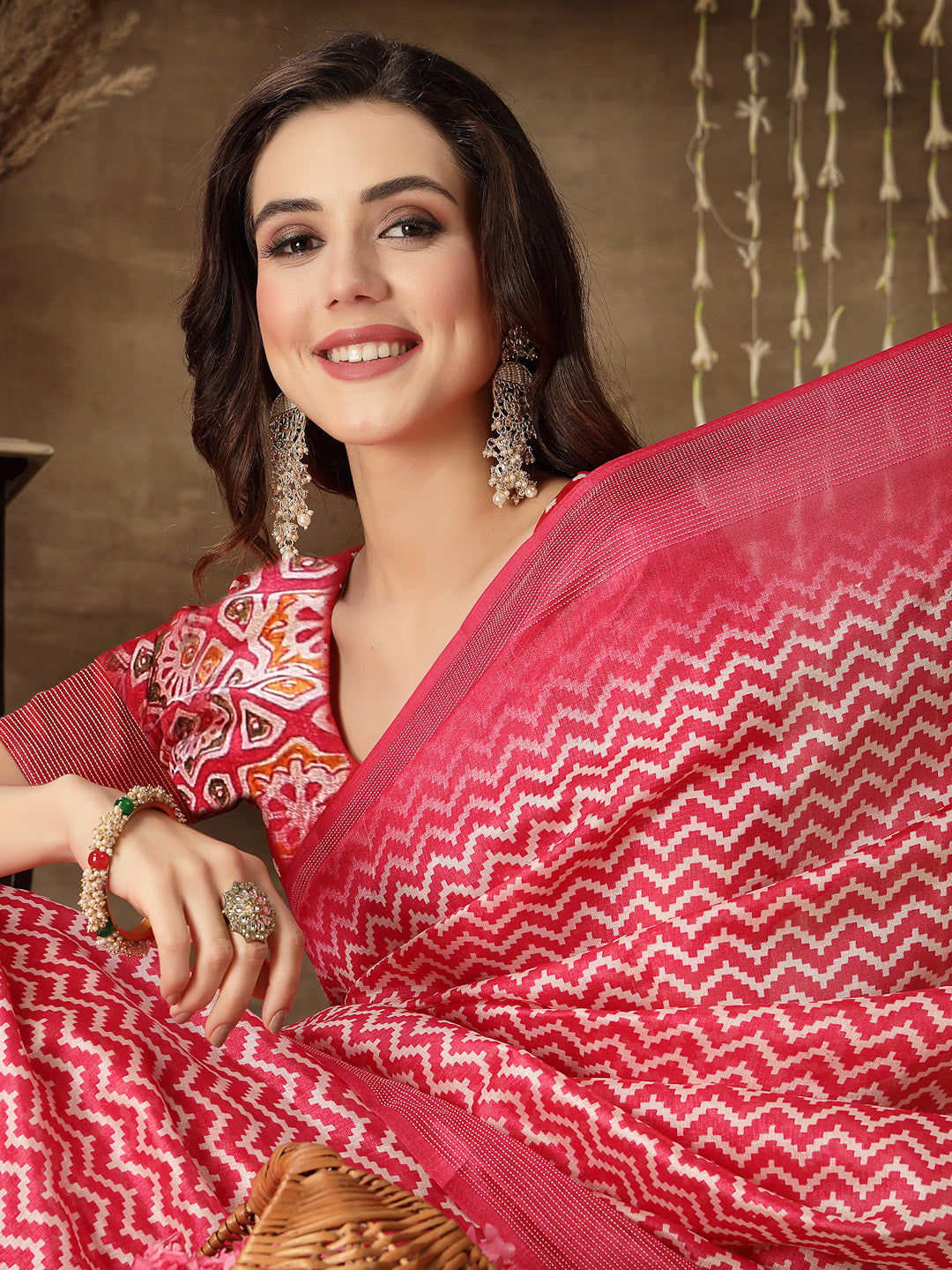 Maroon Zari Border Shibori Print Chanderi Cotton Mix Saree