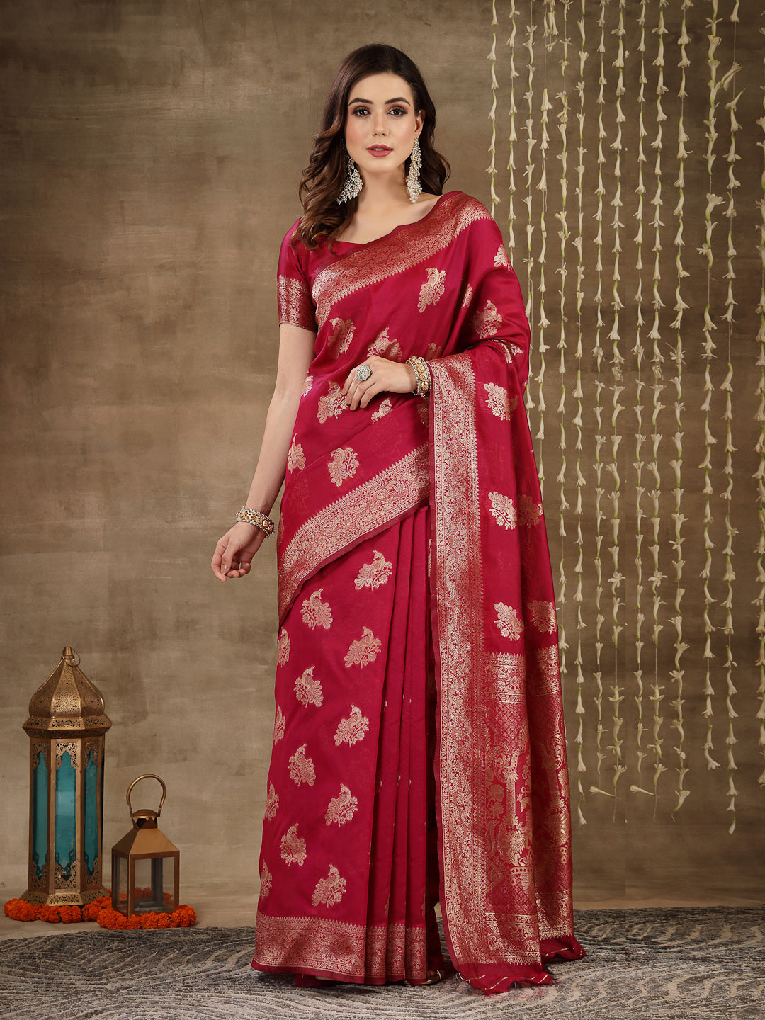 Stylum Women's Ethnic Motifs Woven Design Zari Silk Blend Banarasi Saree (Pinkmayur)