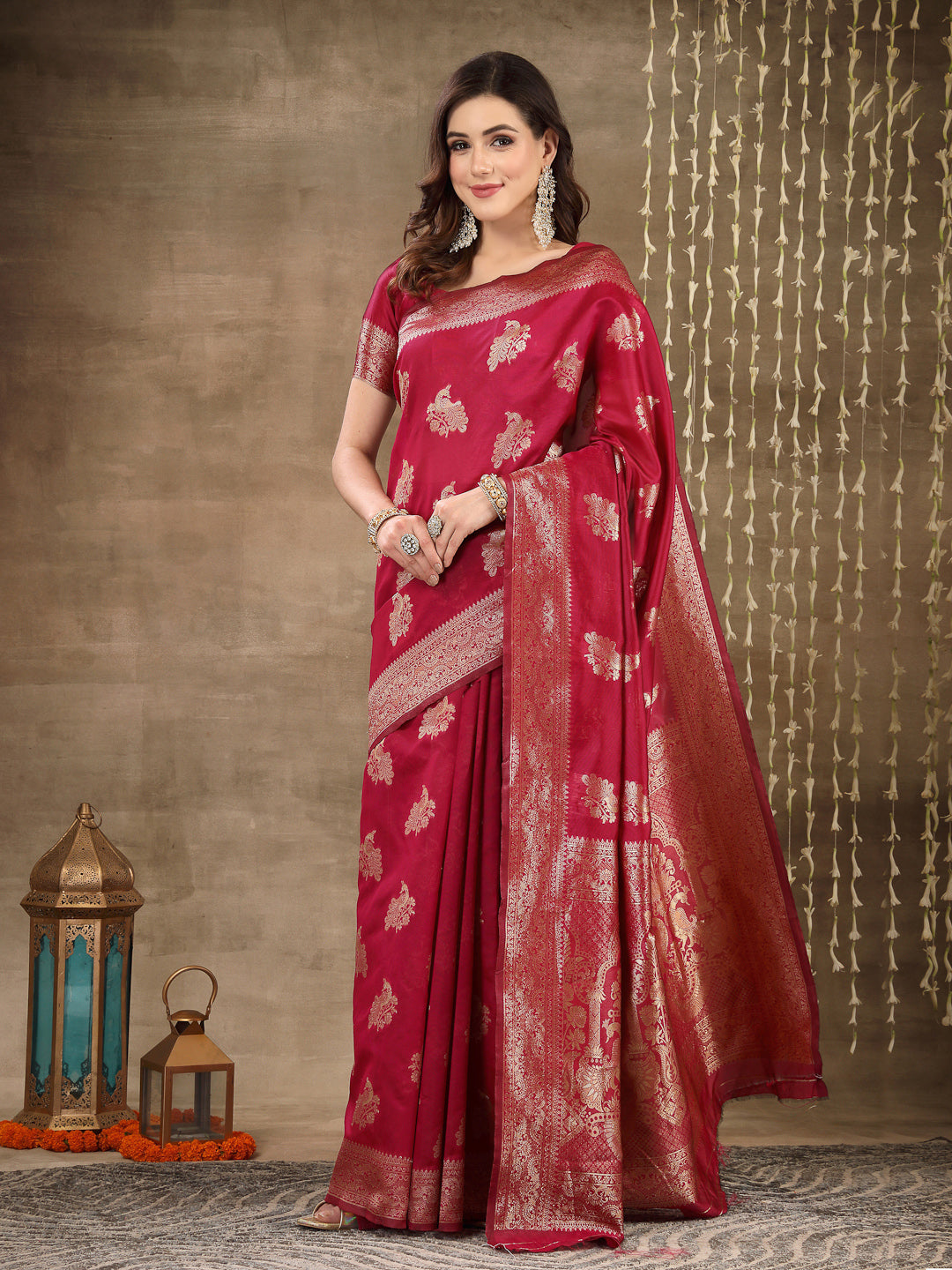 Stylum Women's Ethnic Motifs Woven Design Zari Silk Blend Banarasi Saree (Pinkmayur)