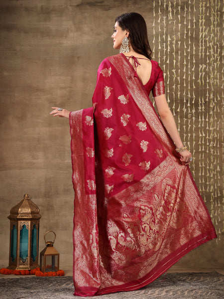 Stylum Women's Ethnic Motifs Woven Design Zari Silk Blend Banarasi Saree (Pinkmayur)