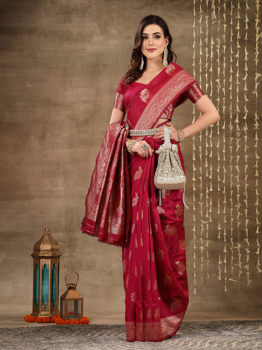 Stylum Women's Ethnic Motifs Woven Design Zari Silk Blend Banarasi Saree (Pinkmayur)