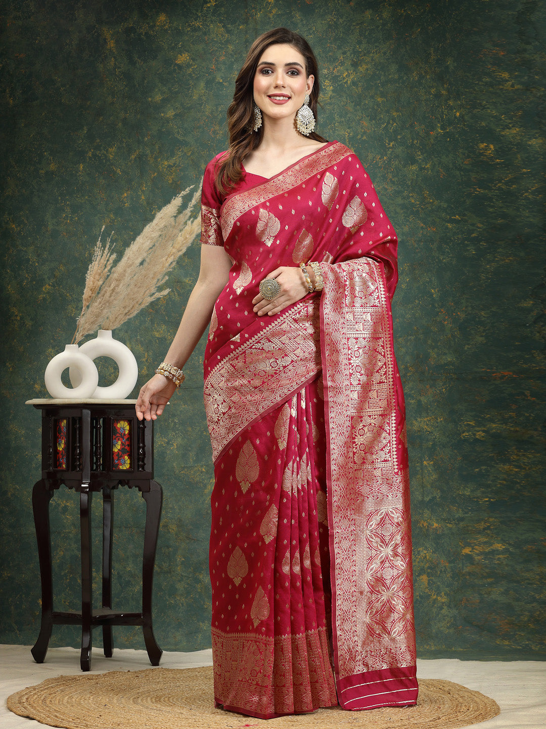 Stylum Women's Ethnic Motifs Woven Design Zari Silk Blend Banarasi Saree (Pinkpaan)