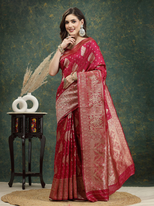 Stylum Women's Ethnic Motifs Woven Design Zari Silk Blend Banarasi Saree (Pinkpaan)