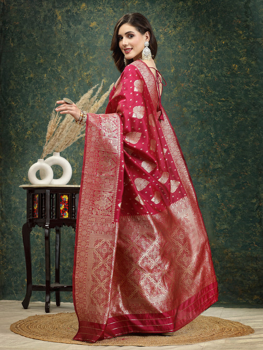 Stylum Women's Ethnic Motifs Woven Design Zari Silk Blend Banarasi Saree (Pinkpaan)
