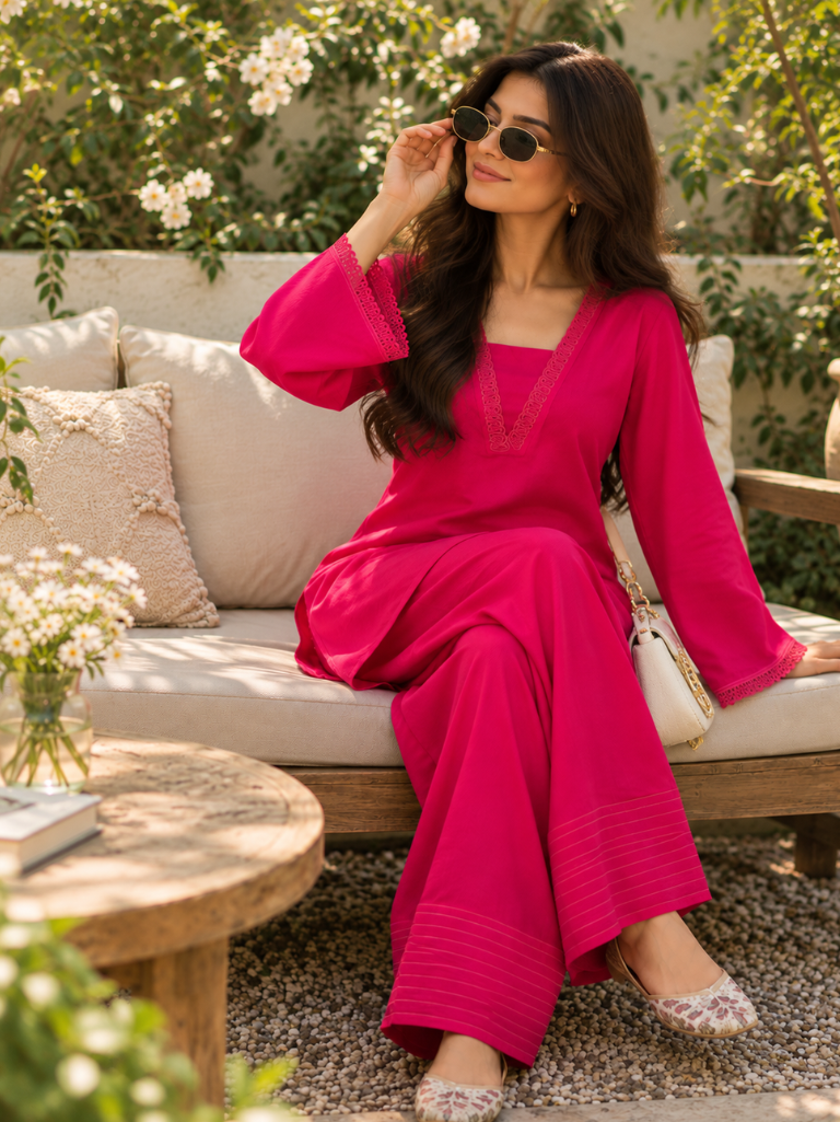Pink Rayon Embroidered Kurta Pant Set