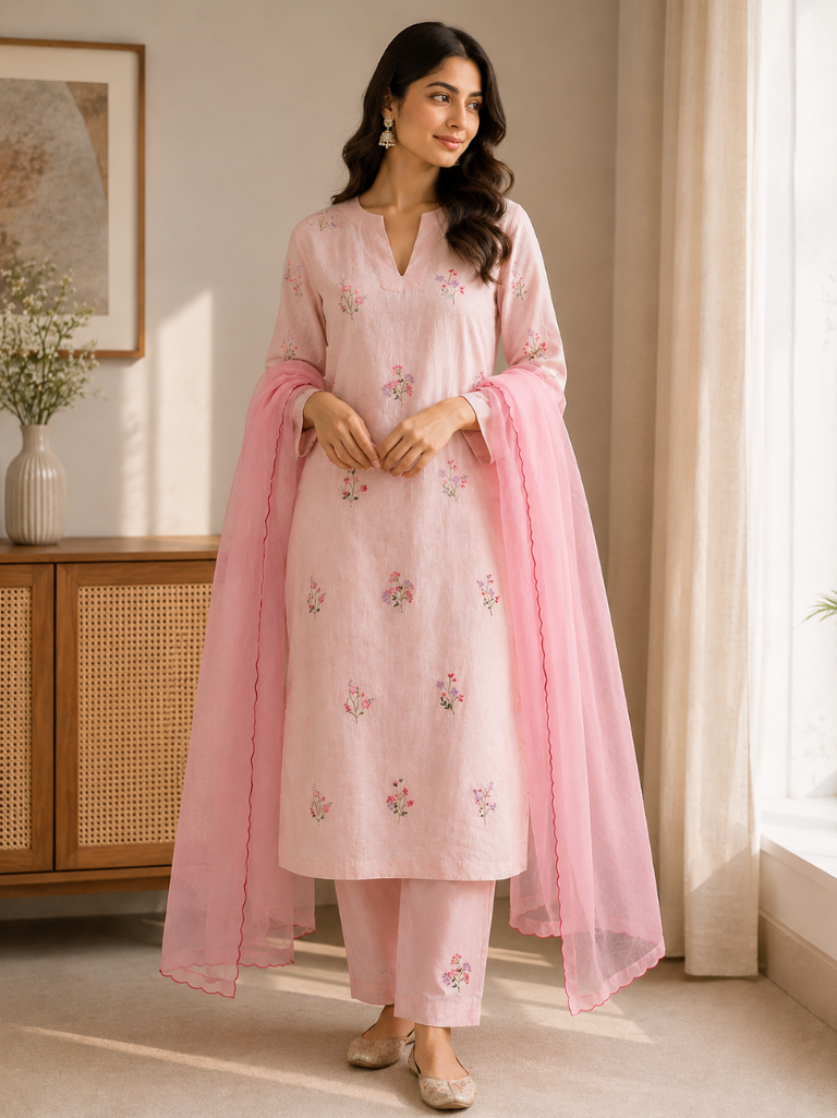 Women’s Pink Rayon Flex Embroidered Kurta Set with Dupatta
