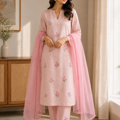 Women’s Pink Rayon Flex Embroidered Kurta Set with Dupatta
