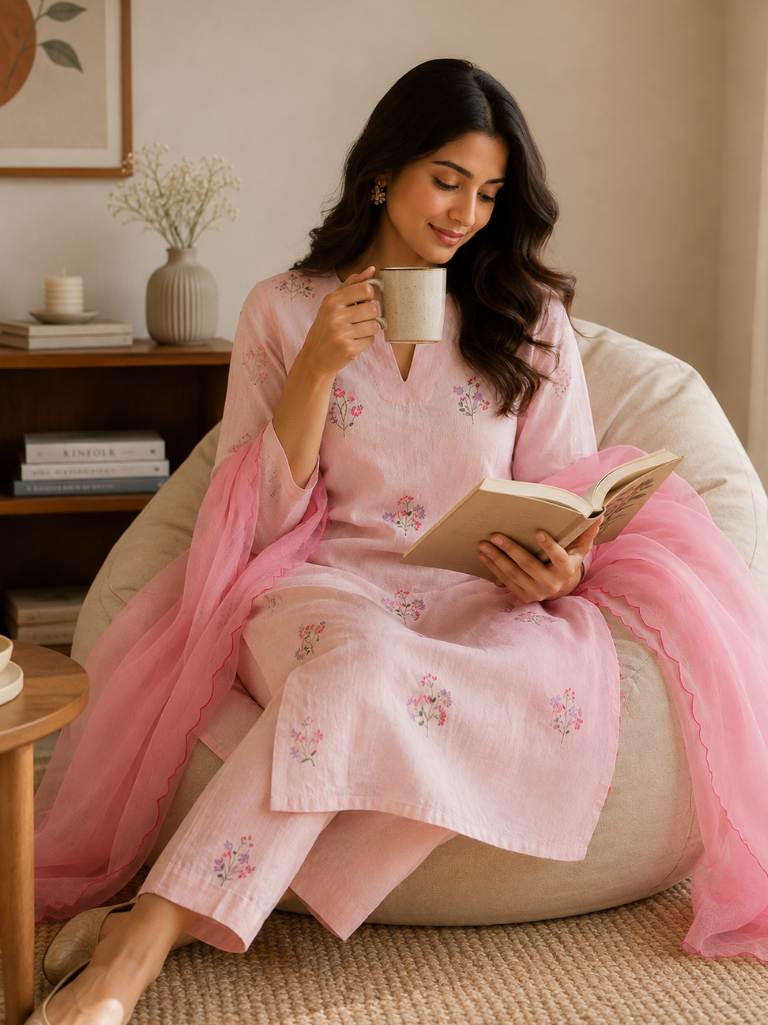 Women’s Pink Rayon Flex Embroidered Kurta Set with Dupatta
