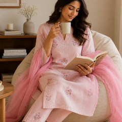 Women’s Pink Rayon Flex Embroidered Kurta Set with Dupatta