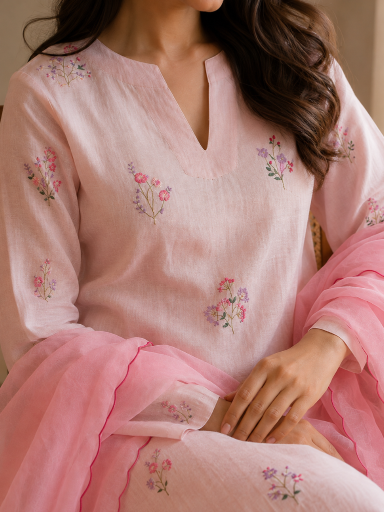 Women’s Pink Rayon Flex Embroidered Kurta Set with Dupatta