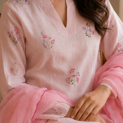 Women’s Pink Rayon Flex Embroidered Kurta Set with Dupatta