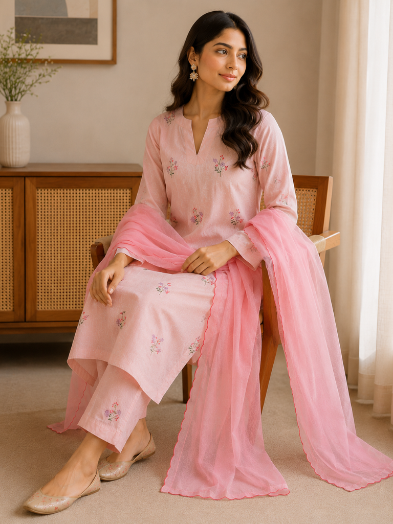 Women’s Pink Rayon Flex Embroidered Kurta Set with Dupatta