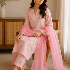 Women’s Pink Rayon Flex Embroidered Kurta Set with Dupatta
