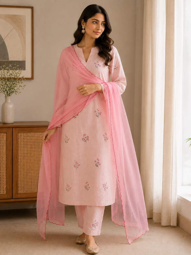 Women’s Pink Rayon Flex Embroidered Kurta Set with Dupatta
