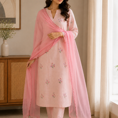 Women’s Pink Rayon Flex Embroidered Kurta Set with Dupatta