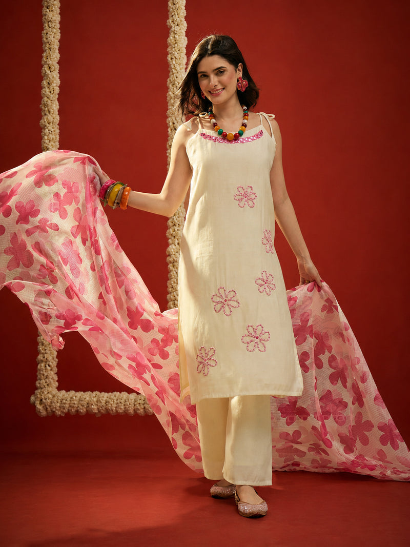 Stylum Women's Cream Solid & Embroidered Polyester Straight Kurta Pant Dupatta Set (KPDCREAMJORDAN)