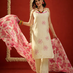 Stylum Women's Cream Solid & Embroidered Polyester Straight Kurta Pant Dupatta Set (KPDCREAMJORDAN)