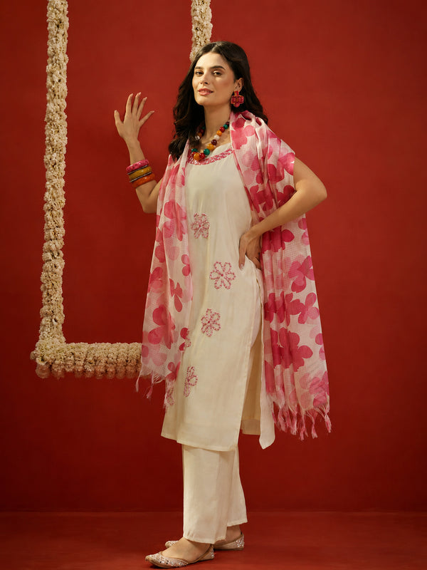 Stylum Women's Cream Solid & Embroidered Polyester Straight Kurta Pant Dupatta Set (KPDCREAMJORDAN)