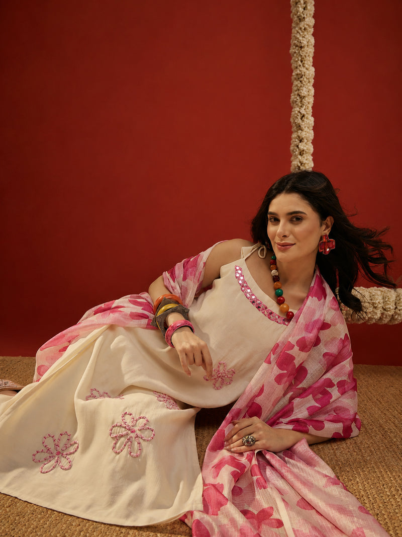 Stylum Women's Cream Solid & Embroidered Polyester Straight Kurta Pant Dupatta Set (KPDCREAMJORDAN)