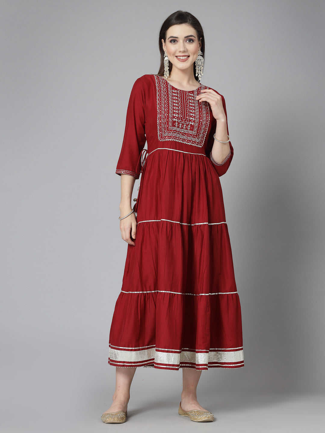 Stylum Women's Embroidered & Embellished Silk Blend Tiered Dress Kurta (RAAVI)