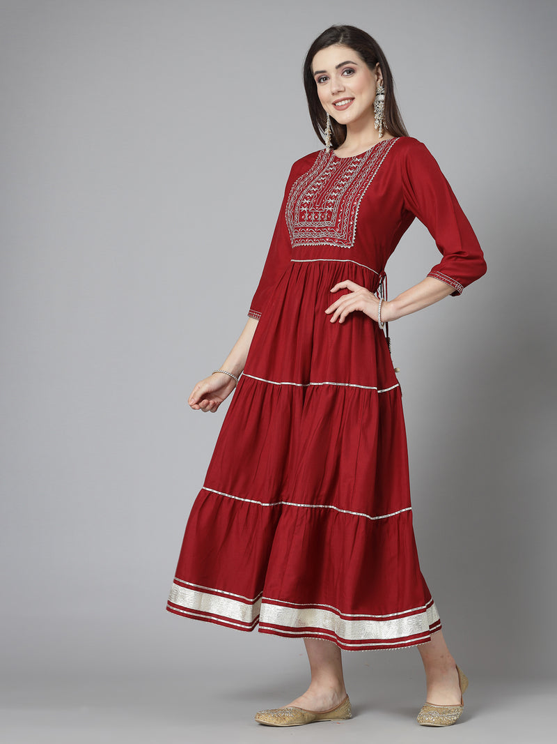 Stylum Women's Embroidered & Embellished Silk Blend Tiered Dress Kurta (RAAVI)