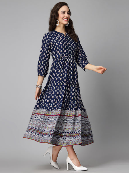 Stylum Women's Printed Rayon Tiered Dress Kurta (RAINBOW)