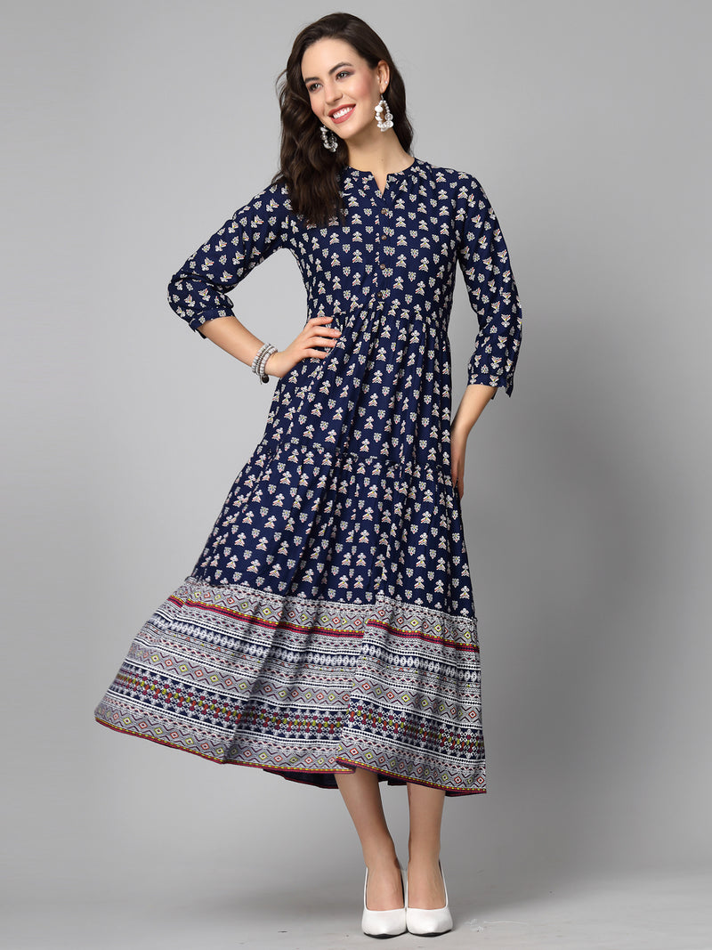 Stylum Women's Printed Rayon Tiered Dress Kurta (RAINBOW)