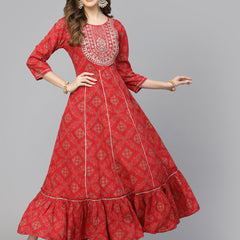 Stylum Women's Bandhani Printed & Embroidered Rayon Anarkali Kurta (REDAMBER)