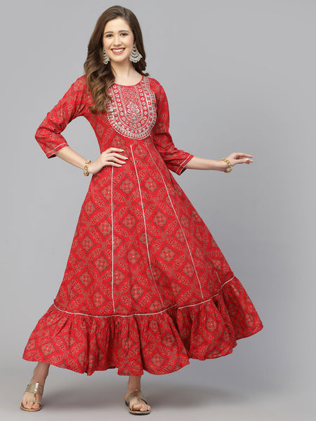 Stylum Women's Bandhani Printed & Embroidered Rayon Anarkali Kurta (REDAMBER)