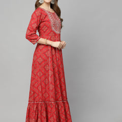 Stylum Women's Bandhani Printed & Embroidered Rayon Anarkali Kurta (REDAMBER)