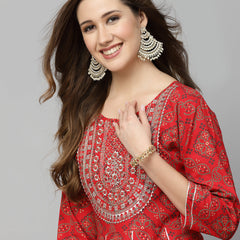 Stylum Women's Bandhani Printed & Embroidered Rayon Anarkali Kurta (REDAMBER)