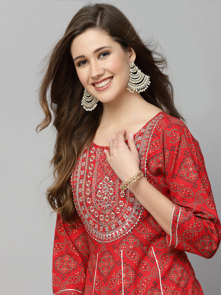 Stylum Women's Bandhani Printed & Embroidered Rayon Anarkali Kurta (REDAMBER)