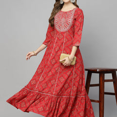 Stylum Women's Bandhani Printed & Embroidered Rayon Anarkali Kurta (REDAMBER)