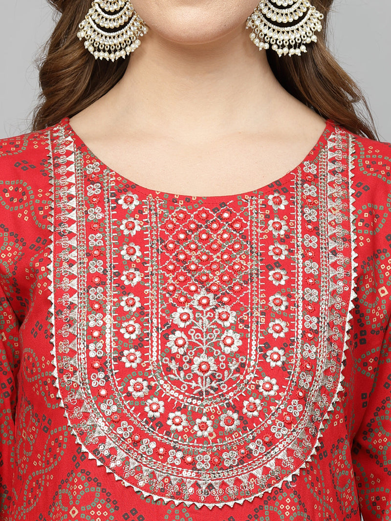 Stylum Women's Bandhani Printed & Embroidered Rayon Anarkali Kurta (REDAMBER)