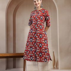 Stylum Women's Red Animal Printed Cotton A-Line Kurta (REDBRICK)
