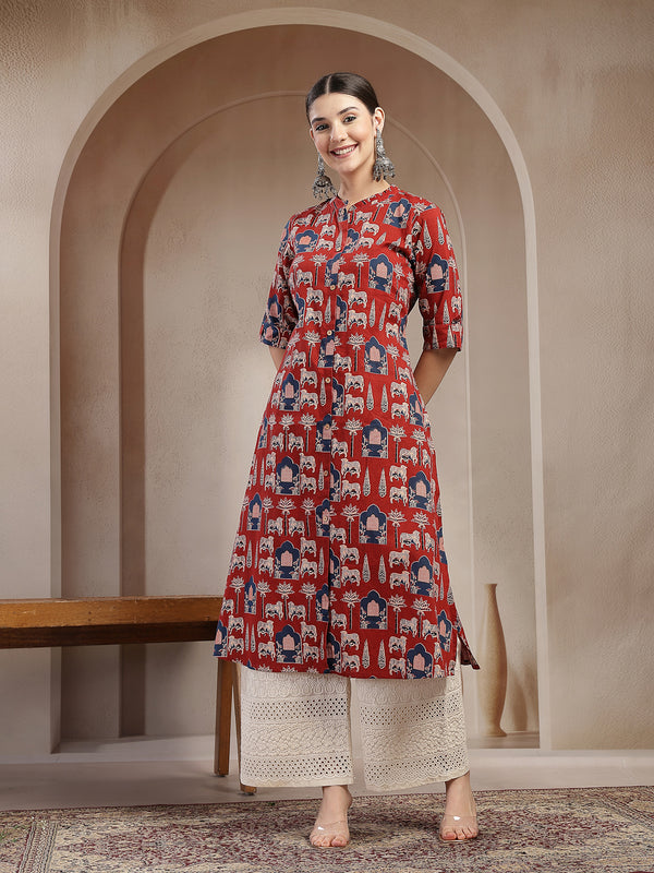Stylum Women's Red Animal Printed Cotton A-Line Kurta (REDBRICK)
