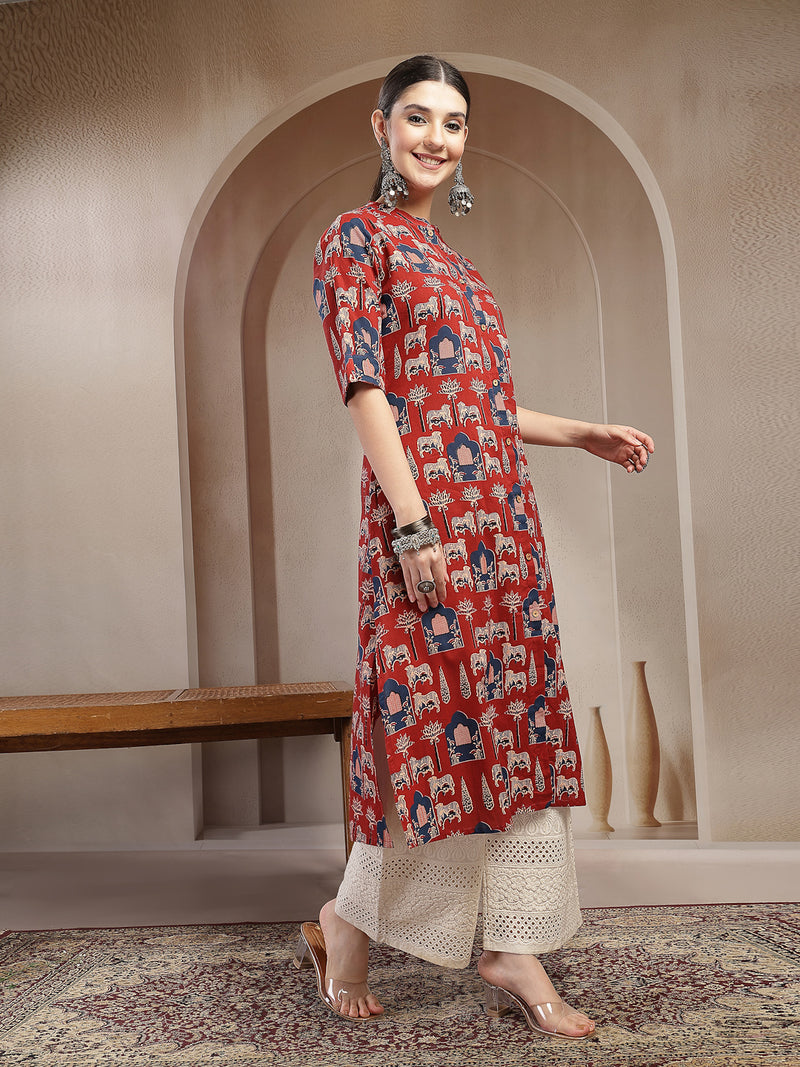 Stylum Women's Red Animal Printed Cotton A-Line Kurta (REDBRICK)