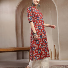 Stylum Women's Red Animal Printed Cotton A-Line Kurta (REDBRICK)