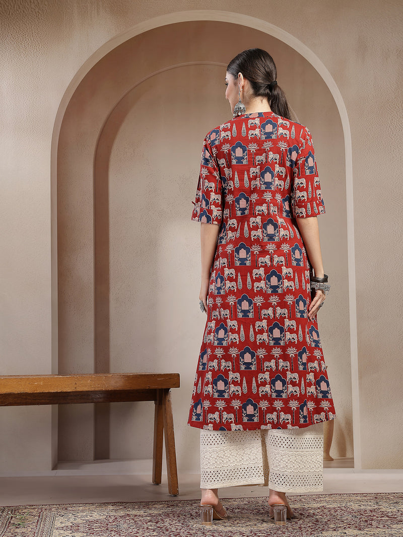 Stylum Women's Red Animal Printed Cotton A-Line Kurta (REDBRICK)