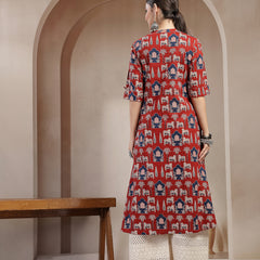 Stylum Women's Red Animal Printed Cotton A-Line Kurta (REDBRICK)
