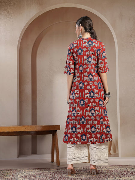 Stylum Women's Red Animal Printed Cotton A-Line Kurta (REDBRICK)