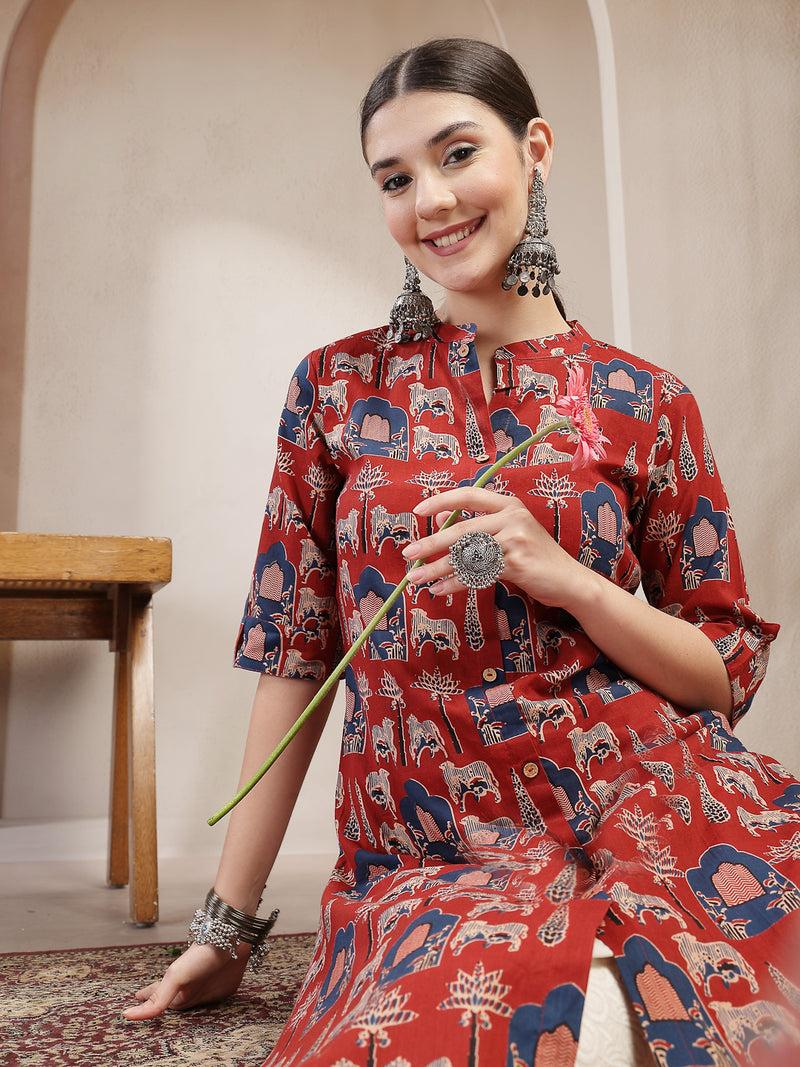 Stylum Women's Red Animal Printed Cotton A-Line Kurta (REDBRICK)